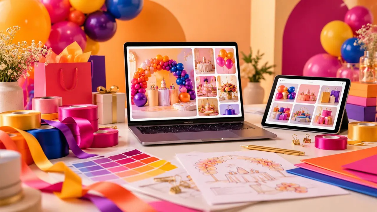 Escritorio con laptop, tablet, listones y materiales para negocios de eventos